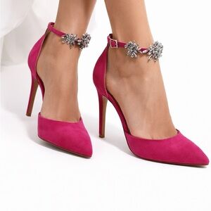 Charles by Charles David Hot Pink Suede Stiletto Heels Rhinestone Ankle Strap
